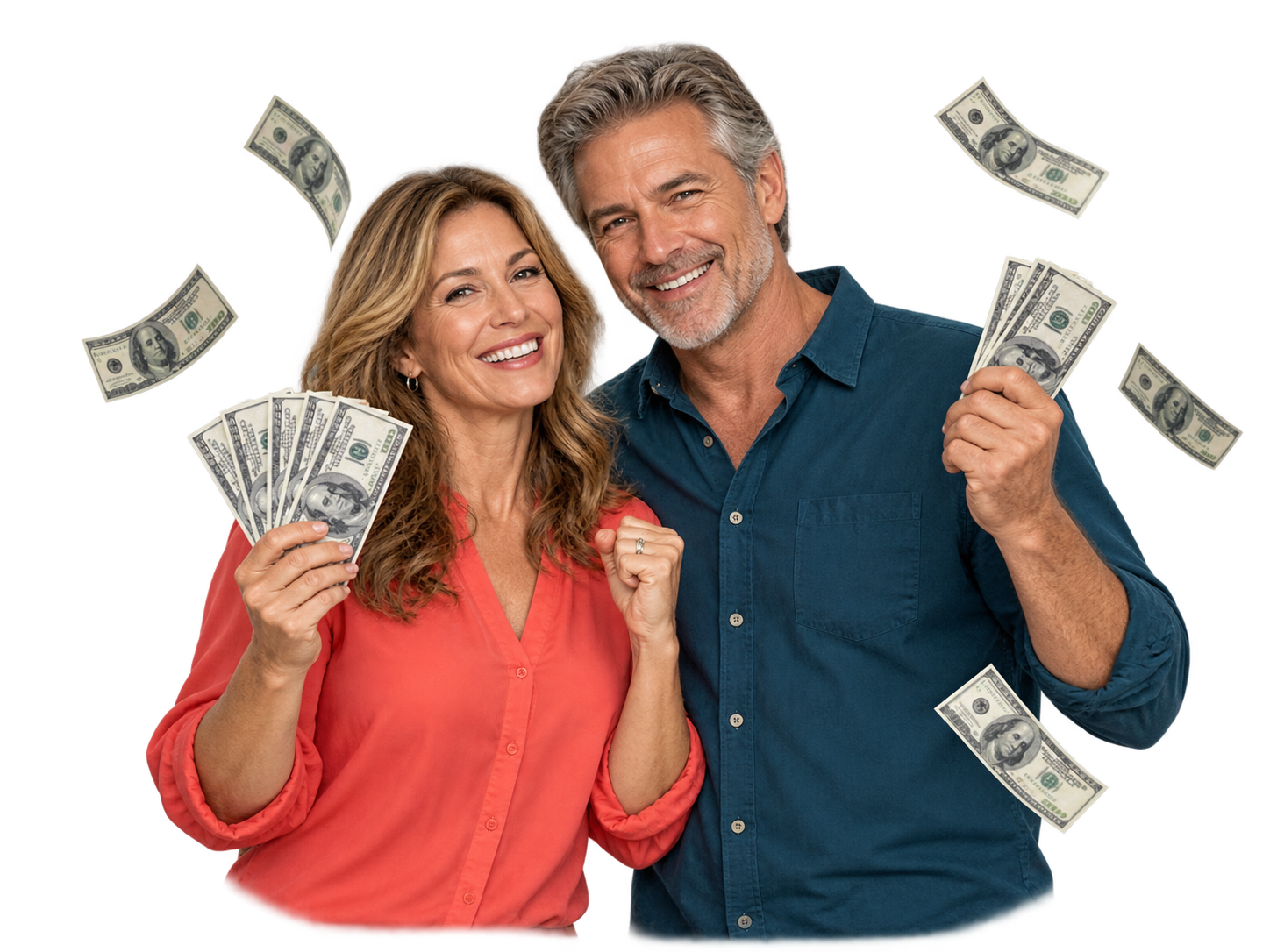 Promotional illustration of two smiling adults holding cash and floating banknotes