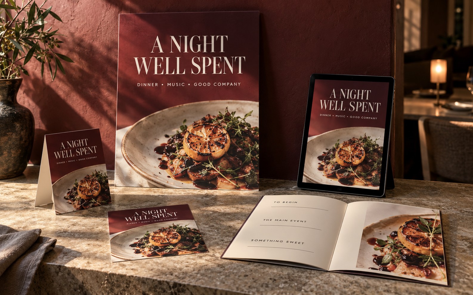 A Night Well Spent dining promotion concept carried across a poster, postcard, menu, table tent and digital display