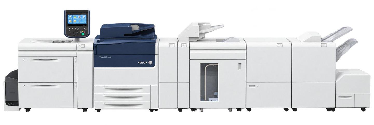 Extended Xerox Versant 80 configuration with feeding, stacking and multiple finishing attachments
