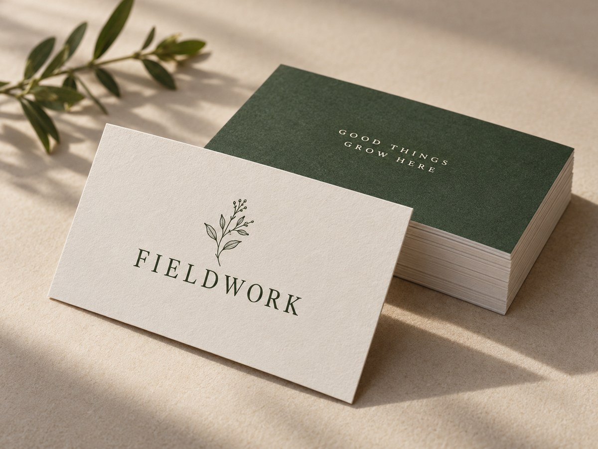 Original Fieldwork botanical business card concepts with matte stock and fine white paper edges
