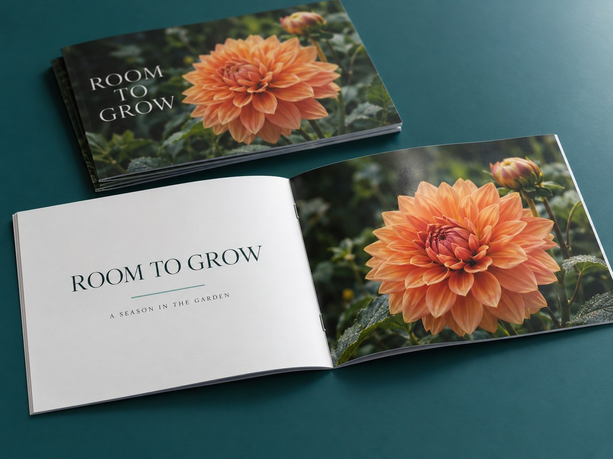 Original Room to Grow booklet concept showing a centerfold, staples and full-color floral printing