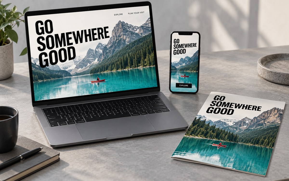 Original Go Somewhere Good travel campaign concept across a laptop, phone and printed brochure