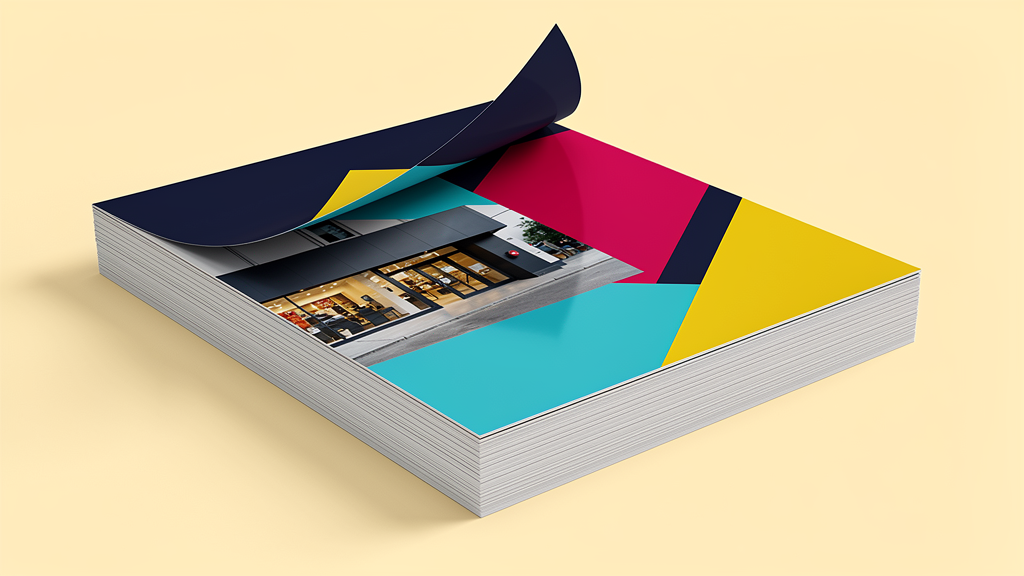 A stack of premium glossy flyers with one loose sheet lifting to show the finish