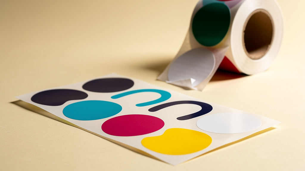 A kiss-cut sticker sheet and a roll of custom printed labels